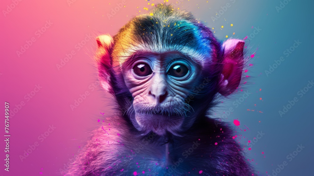  a monkey with multicolored hair and a bow on its head is shown in front of a pink, blue, and purple background.