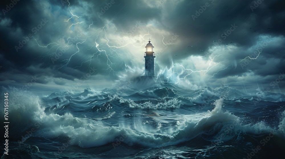 A ship navigating stormy waters drawn towards a lighthouse that is shrouded in darkness illustrating the perilous allure of sin