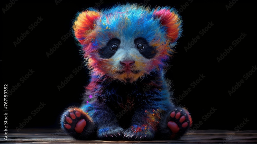  a multicolored teddy bear sitting on a wooden floor in front of a black background with a black background.