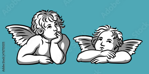 Two Angels Renaissance Set. Raphael Santi - Sistine Madonna (Sixtinische Madonna). Line, fill, shadows. Template, background, pattern, symbol, sign, icon, silhouette, tattoo.