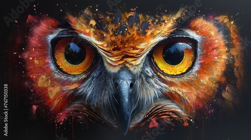  a close up of an owl's face with orange and red paint splattered on it's face.