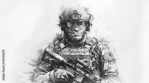  Tattoo flash of a front portrait of a special forces guy