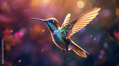 A dazzling hummingbird hovering in mid-air, its iridescent plumage catching the sunlight. © Ansar