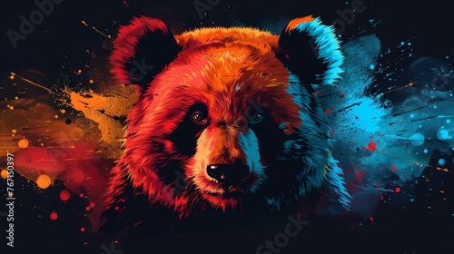  a close up of a bear's face with colorful paint splatters on the back of it's face.