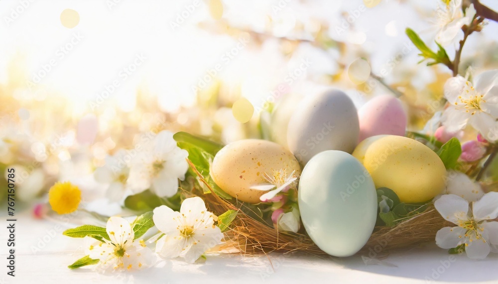 easter background with colorful eggs and flowers on white background happy easter spring farm holiday festive scene greeting cards posters easter holiday card concept copy space