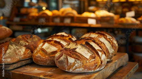 /imagine: Freshly Baked Artisan Bread Display, Crusty, Aromatic, Golden Brown, Rustic, Bakery-themed 