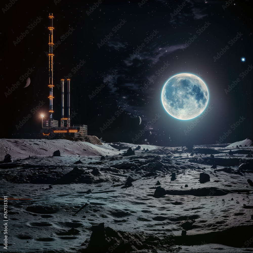 Night view of a moon base with lit rockets