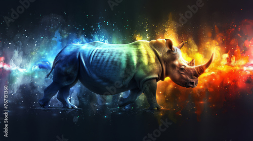  a rhinoceros standing in front of a multicolored background with a star burst in the middle of the rhinoceros.