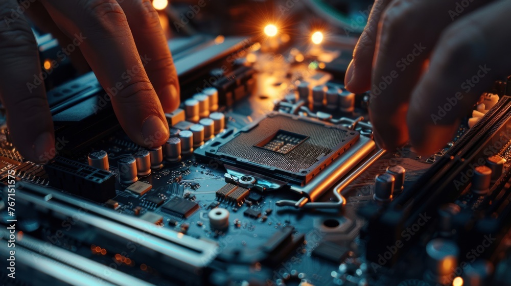 Technician's hands using screwdriver to assemble motherboard, laptop computer maintenance hardware. Technician's hands using screwdriver to assemble motherboard, laptop computer maintenance hardware.
