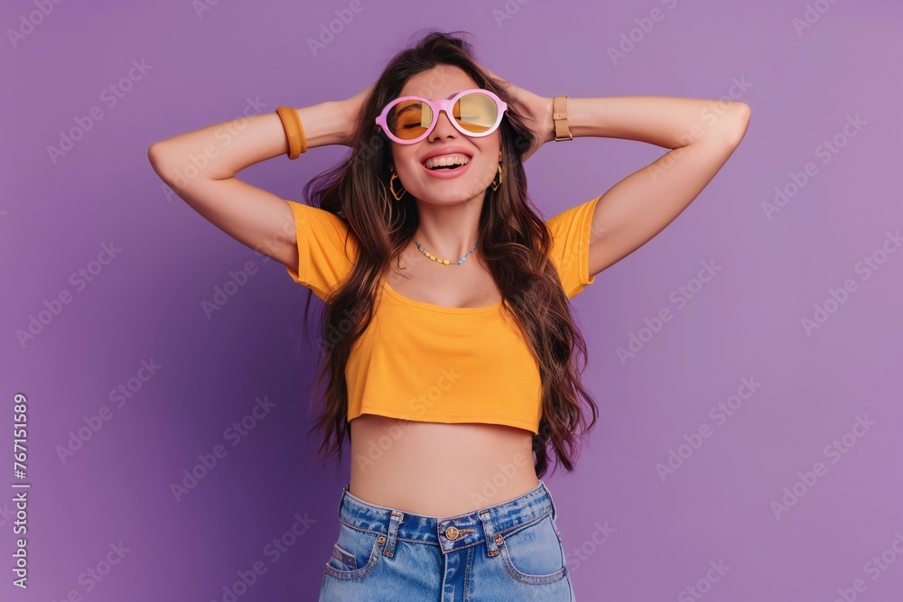 Photo of glad positive irish woman wear stylish clothes two arms touch head wow summer sale isolated on purple color background
