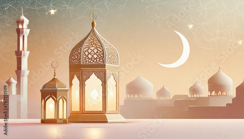 decoration background with lantern and crescent moon luxury style ramadan kareem mawlid iftar isra miraj eid al fitr adha photo