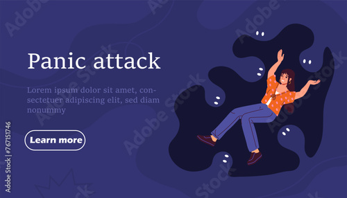 Panic attack poster. Woman with fears and horrors, young girl in panic. Frustration and depression. Negative feelings and emotions. Landing webpage design. Cartoon flat vector illustration