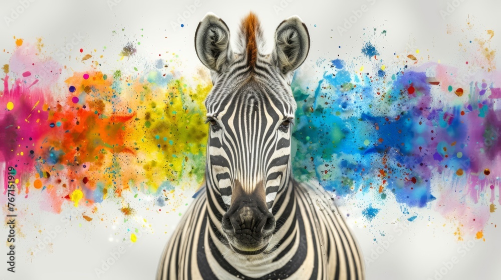 Fototapeta premium a zebra standing in front of a multicolored background with a splash of paint on it's face.