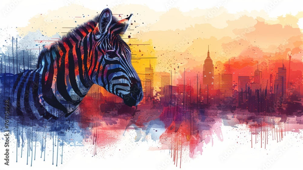 Fototapeta premium a painting of a zebra standing in front of a cityscape with a splash of paint on it's face.
