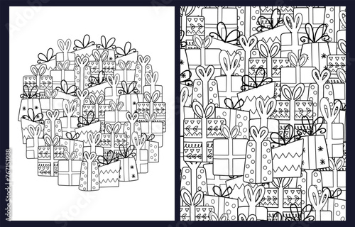 Cute gifts coloring pages set. Black and white summer templates with doodle presents. Outline festive background. Vector illustration
