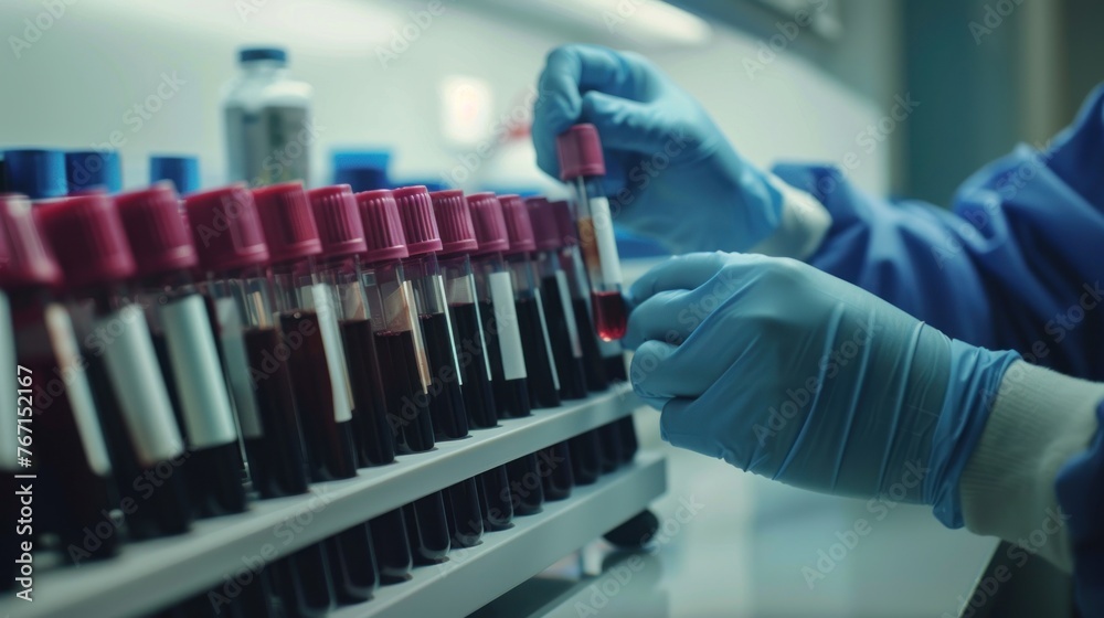 Doctor's hands taking blood sample tube from shelf with analyzer in lab Doctor's hands taking blood sample tube from shelf with analyzer in lab