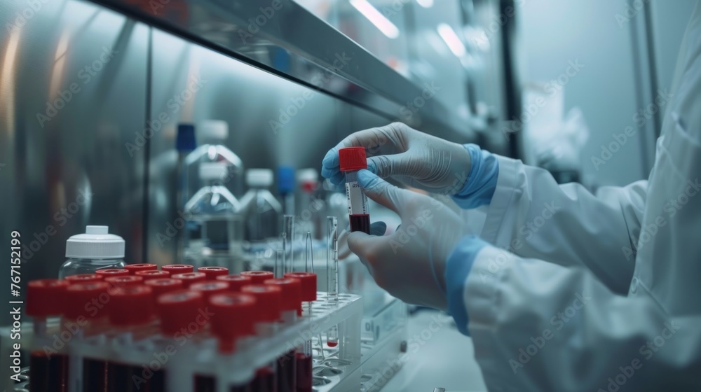 Doctor's hands taking blood sample tube from shelf with analyzer in lab Doctor's hands taking blood sample tube from shelf with analyzer in lab