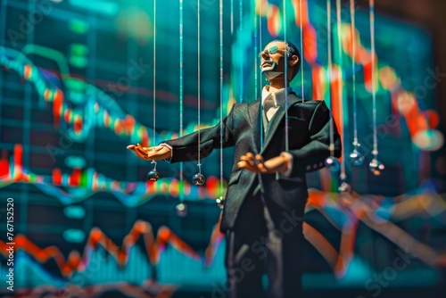 Generate a visually striking image of a business man puppet controlling the stock market fluctuations with precision photo