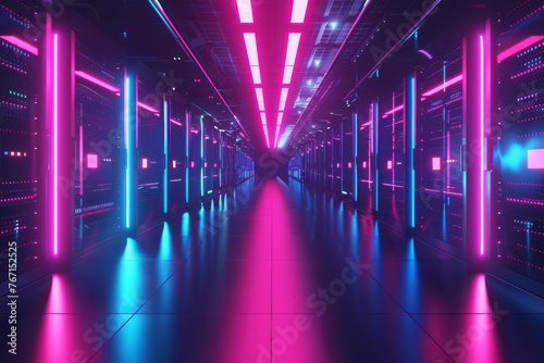 Futuristic big data center with server racks and glowing lights, cloud computing and web services concept, digital 3D illustration