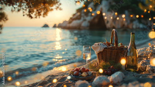 An intimate seaside picnic setup with wine, fruits, and ambient lights as the sun sets over the ocean.