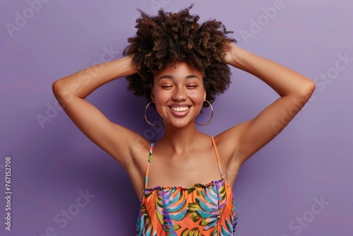 Photo of glad positive african american woman wear stylish clothes two arms touch head wow summer sale isolated on purple color background