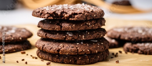 A stack of sandwich cookies made with chocolate sitting on a wooden table, perfect for a delicious dessert or quick snack