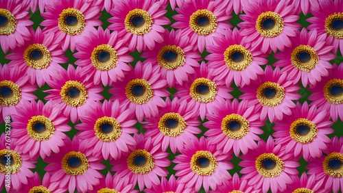 Closely arranged symmetrically aligned pink gerbera flower display