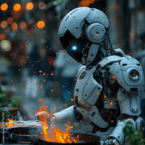 Humanoid robot works in the kitchen