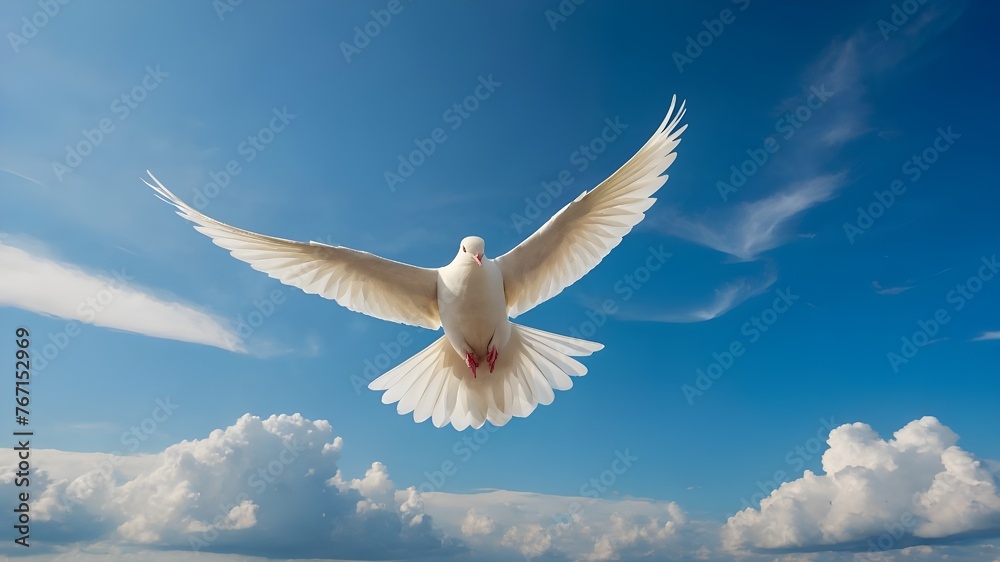 The dove's pure white feathers contrast beautifully against the azure backdrop of the sky, creating a striking visual image of purity and grace. Each feather is depicted in intricate detail, from the  - obrazy, fototapety, plakaty 