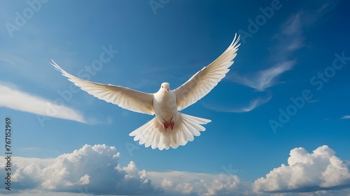 The dove's pure white feathers contrast beautifully against the azure backdrop of the sky, creating a striking visual image of purity and grace. Each feather is depicted in intricate detail, from the 