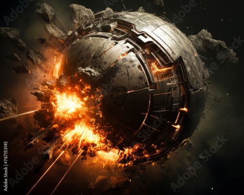 A meteorite crashing into a barren planet creating a massive explosion upon impacttechnologysci fineon © Sirisook