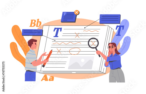 People correct text concept. Man and woman with magnifying glass look at article. Editors work with copyriters. Grammar mistakes. Cartoon flat vector illustration isolated on white background