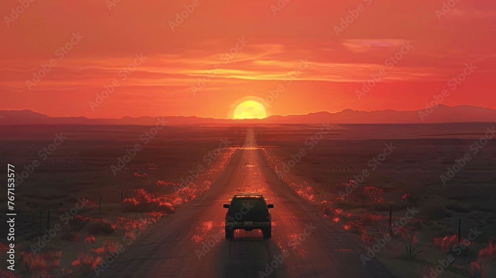 An open road at sunset a car driving away from the city the embodiment of weekend escapism - obrazy, fototapety, plakaty 