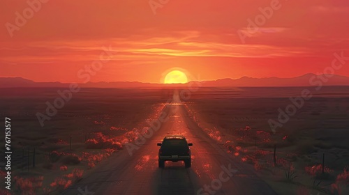An open road at sunset a car driving away from the city the embodiment of weekend escapism photo