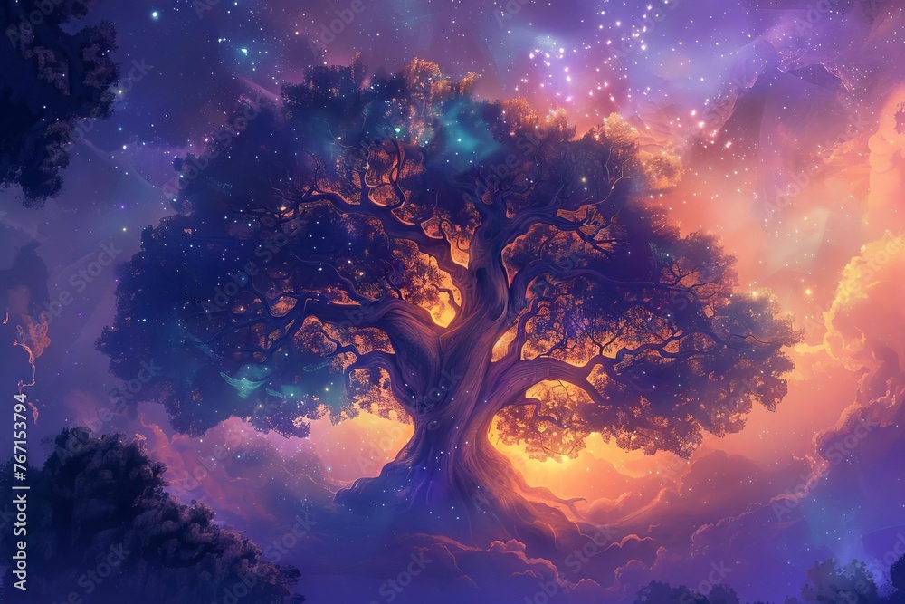 Majestic tree of life with glowing aura, cosmic balance and harmony, digital painting Majestic tree of life with glowing aura, cosmic balance and harmony, digital painting
