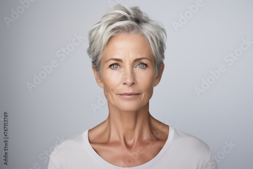 Portrait of mature woman with grey hair looking at camera  over grey background
