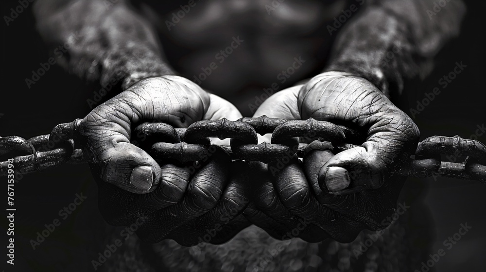 Chains binding hands each link engraved with different vices illustrating the enslavement by ones sins - obrazy, fototapety, plakaty 