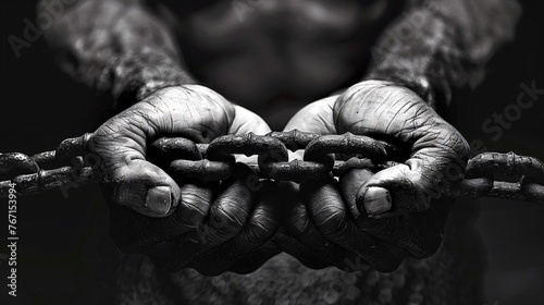 Chains binding hands each link engraved with different vices illustrating the enslavement by ones sins photo