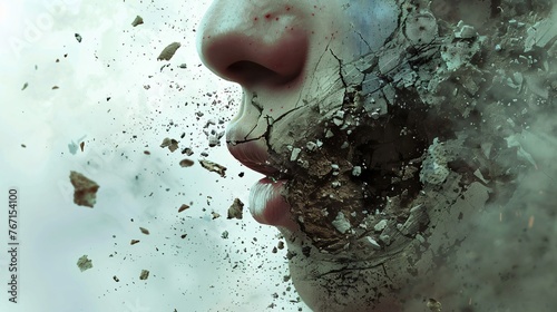 Close up on the moment of impact the face recoiling lips parting in an unvoiced cry of surprise or pain photo