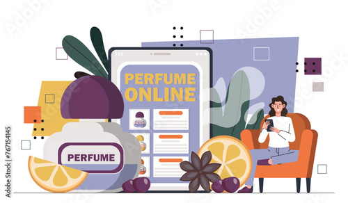Perfume online concept. Woman with bottle of cologne with aroma and fragnance. Slice of lemon and violet berries. Beauty and wellbeing. Cartoon flat vector illustration isolated on white background