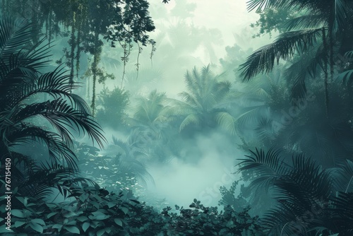 Mysterious foggy jungle forest with dense vegetation  exotic oasis landscape  digital 3D illustration