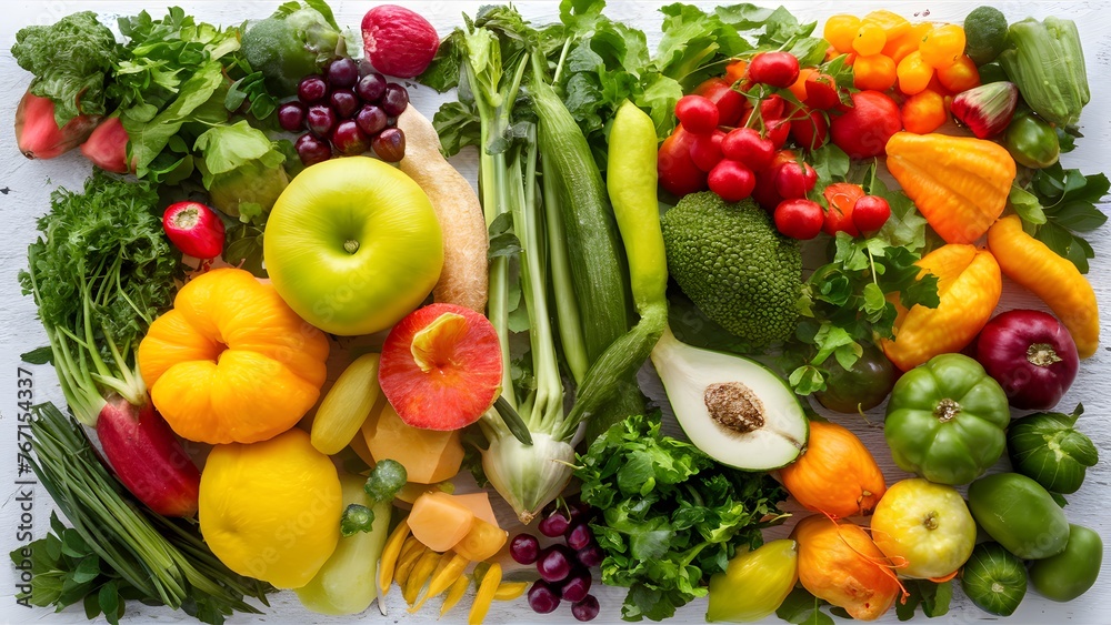 Colorful collage of fresh produce against crisp white backdrop Colorful collage of fresh produce against crisp white backdrop