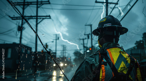 Electric utility worker fixing power lines amidst a thunderstorm, showcasing bravery and skill.