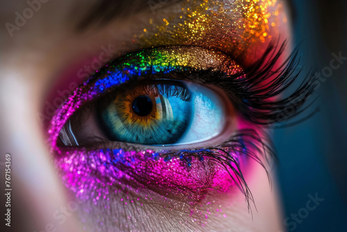 A woman's eye is painted with a rainbow of colors. The eye is surrounded by glitter and the colors are vibrant and bold. The eye is the main focus of the image and it seems to be a work of art