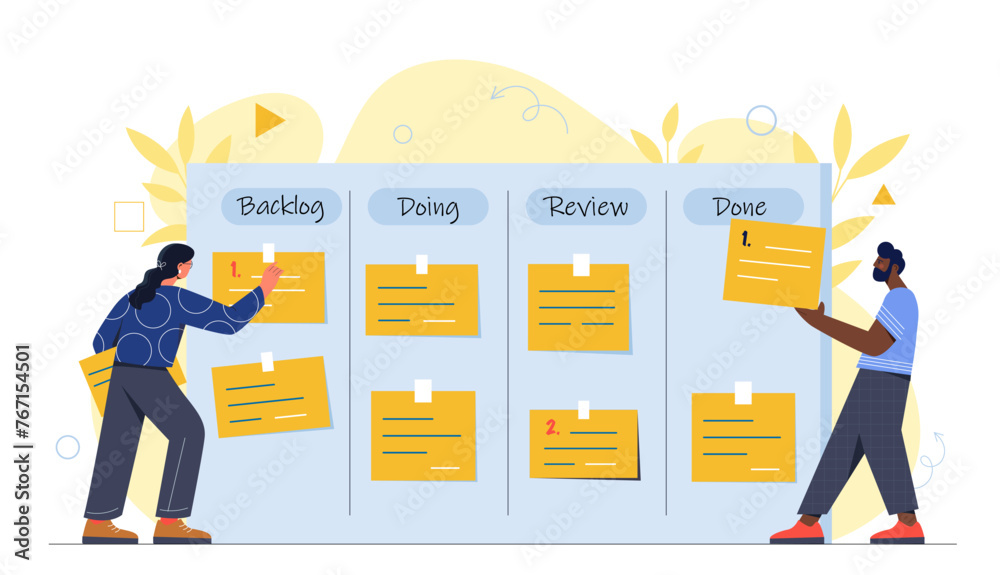 Planning board people concept. Colleagues with files with goals. Time management and planning, organizing effective work process. Cartoon flat vector illustration isolated on white background - obrazy, fototapety, plakaty 