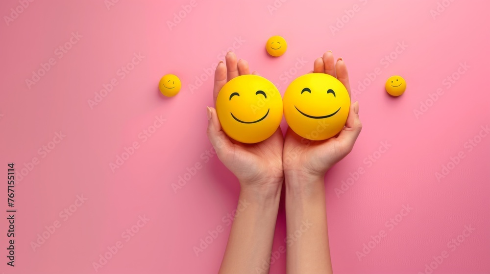 Hands of woman's hold two smiles on pink background protects positive emotion, motivation, keeping a Hands of woman's hold two smiles on pink background protects positive emotion, motivation, keeping a