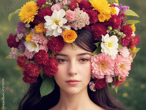 Retrato de una joven y bella mujer con flores en la cabeza en primer plano. Vista de frente y de cerca. AI Generativa