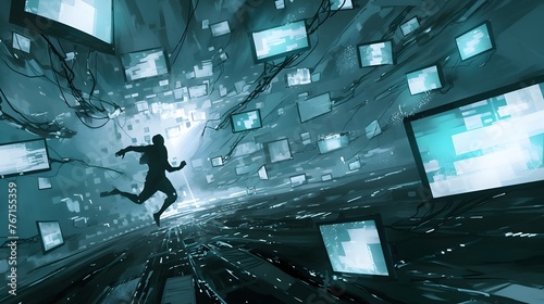 Futuristic Scene with Running Man in Digital Landscape of Monitors and Screens