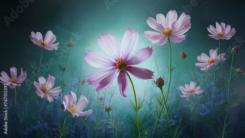 Cool toned background complements digital painting of cosmos flower
