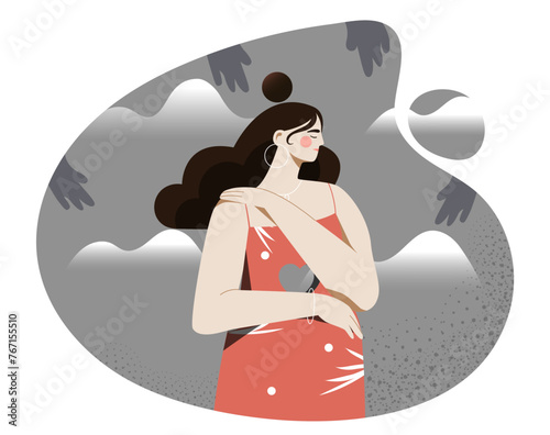 Psychological trauma concept. Scared woman near silhouette of hands. Mental ilness and diseases. Frustration and depression, loneliness. Poster or banner. Cartoon flat vector illustration
